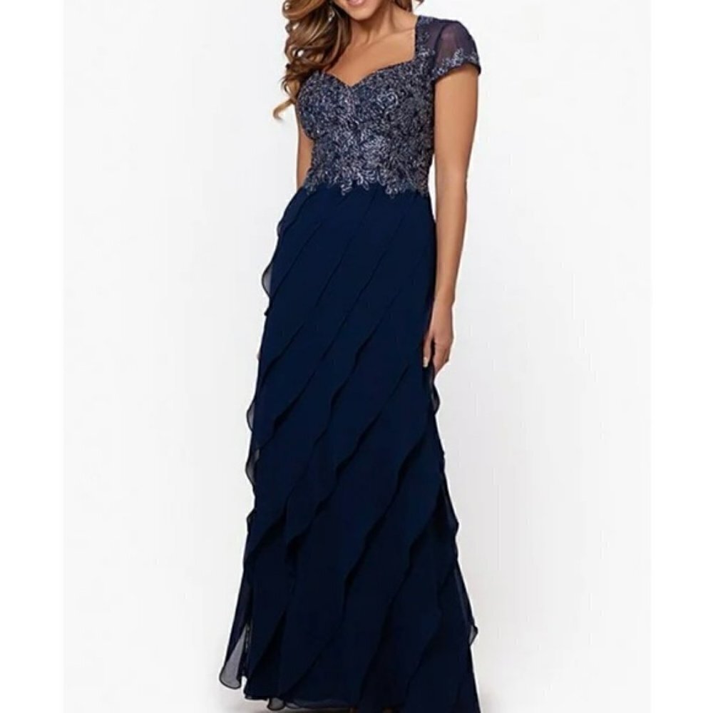 Xscape Embroidered Cap Sleeve Sweetheart Neckline Tiered Gown in Navy/Silver - Picture 5 of 14